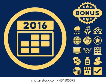 2016 Calendar Grid icon with bonus design elements. Vector illustration style is flat iconic symbols, yellow color, blue background.
