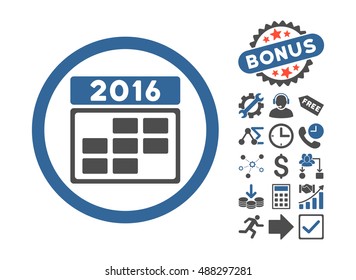 2016 Calendar Grid icon with bonus design elements. Vector illustration style is flat iconic bicolor symbols, cobalt and gray colors, white background.