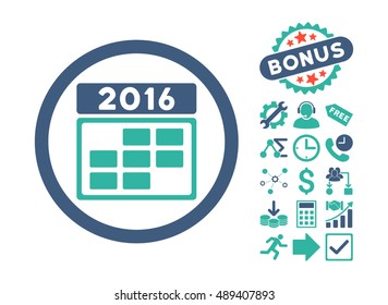 2016 Calendar Grid icon with bonus design elements. Vector illustration style is flat iconic bicolor symbols, cobalt and cyan colors, white background.