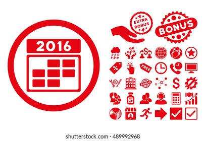 2016 Calendar Grid icon with bonus icon set. Vector illustration style is flat iconic symbols, red color, white background.