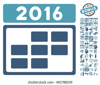 2016 Calendar Grid icon with bonus calendar and time management design elements. Vector illustration style is flat iconic bicolor symbols, cyan and blue colors, white background.