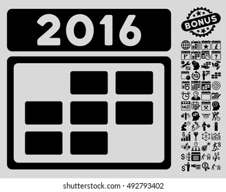 2016 Calendar Grid icon with bonus calendar and time management graphic icons. Vector illustration style is flat iconic symbols, black color, light gray background.