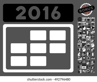 2016 Calendar Grid icon with bonus calendar and time management images. Vector illustration style is flat iconic bicolor symbols, black and white colors, gray background.