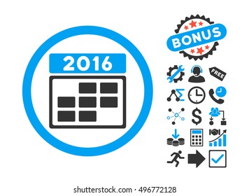 2016 Calendar Grid icon with bonus pictogram. Vector illustration style is flat iconic bicolor symbols, blue and gray colors, white background.