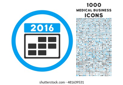 2016 Calendar Grid rounded vector bicolor icon with 1000 medical business icons. Set style is flat pictograms, blue and gray colors, white background.