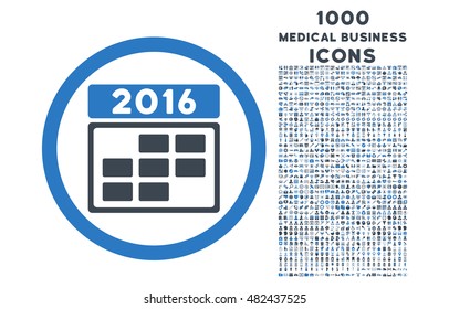 2016 Calendar Grid rounded vector bicolor icon with 1000 medical business icons. Set style is flat pictograms, smooth blue colors, white background.