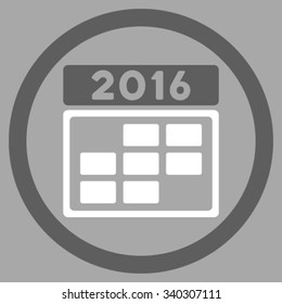 2016 Calendar Grid vector icon. Style is bicolor flat circled symbol, dark gray and white colors, rounded angles, silver background.