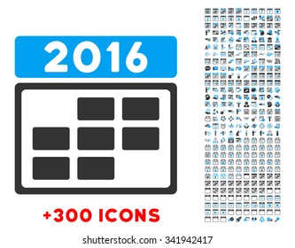 2016 Calendar Grid vector pictogram with additional 300 date and time management icons. Style is bicolor flat symbols, blue and gray colors, rounded angles, white background.