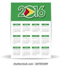 2016 Calendar - Guyana Country Flag Banner - Happy new Year calendar template - Week starts with Sunday - Vector illustration