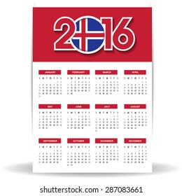 2016 Calendar - Iceland Country Flag Banner - Happy new Year calendar template - Week starts with Sunday - Vector illustration