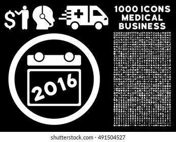 2016 Calendar icon with 1000 medical commerce white vector design elements. Collection style is flat symbols, black background.
