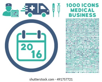 2016 Calendar icon with 1000 medical commercial cobalt and cyan vector design elements. Design style is flat bicolor symbols, white background.