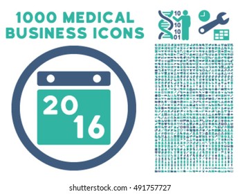 2016 Calendar icon with 1000 medical commercial cobalt and cyan vector pictographs. Clipart style is flat bicolor symbols, white background.