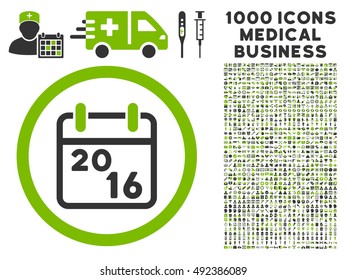 2016 Calendar icon with 1000 medical business eco green and gray vector pictograms. Collection style is flat bicolor symbols, white background.