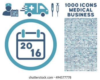 2016 Calendar icon with 1000 medical commerce cyan and blue vector pictographs. Collection style is flat bicolor symbols, white background.