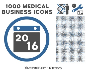 2016 Calendar icon with 1000 medical business cobalt and gray vector design elements. Clipart style is flat bicolor symbols, white background.