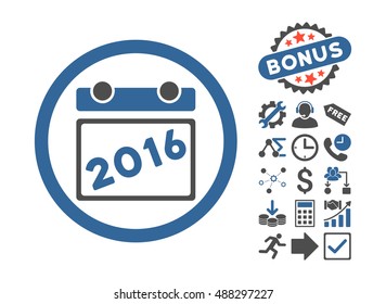 2016 Calendar icon with bonus clip art. Vector illustration style is flat iconic bicolor symbols, cobalt and gray colors, white background.