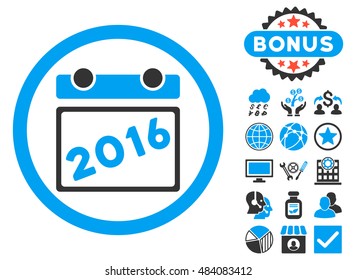 2016 Calendar icon with bonus design elements. Vector illustration style is flat iconic bicolor symbols, blue and gray colors, white background.