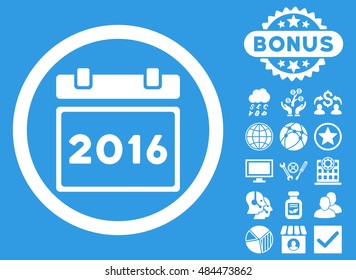 2016 Calendar icon with bonus design elements. Vector illustration style is flat iconic symbols, white color, blue background.