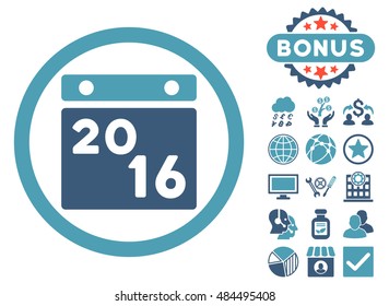 2016 Calendar icon with bonus design elements. Vector illustration style is flat iconic bicolor symbols, cyan and blue colors, white background.