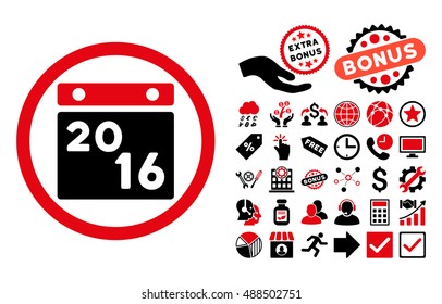 2016 Calendar icon with bonus design elements. Vector illustration style is flat iconic bicolor symbols, intensive red and black colors, white background.