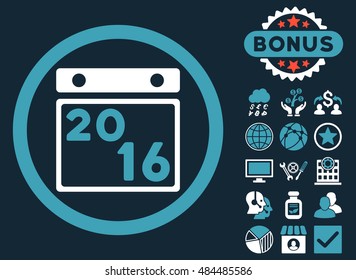 2016 Calendar icon with bonus elements. Vector illustration style is flat iconic bicolor symbols, blue and white colors, dark blue background.