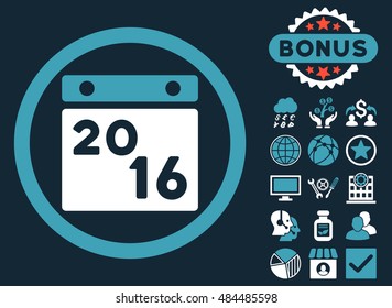 2016 Calendar icon with bonus elements. Vector illustration style is flat iconic bicolor symbols, blue and white colors, dark blue background.