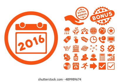 2016 Calendar icon with bonus elements. Vector illustration style is flat iconic symbols, orange color, white background.