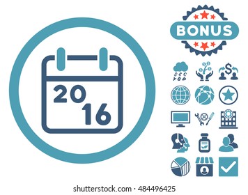 2016 Calendar icon with bonus pictogram. Vector illustration style is flat iconic bicolor symbols, cyan and blue colors, white background.