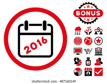 2016 Calendar icon with bonus pictogram. Vector illustration style is flat iconic bicolor symbols, intensive red and black colors, white background.