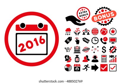 2016 Calendar icon with bonus pictograph collection. Vector illustration style is flat iconic bicolor symbols, intensive red and black colors, white background.