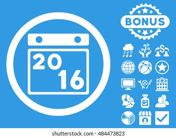 2016 Calendar icon with bonus pictures. Vector illustration style is flat iconic symbols, white color, blue background.