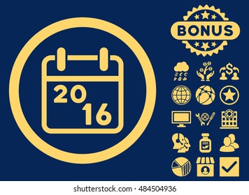 2016 Calendar icon with bonus pictures. Vector illustration style is flat iconic symbols, yellow color, blue background.