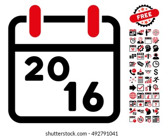 2016 Calendar icon with bonus calendar and time management design elements. Vector illustration style is flat iconic bicolor symbols, intensive red and black colors, white background.