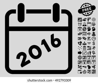 2016 Calendar icon with bonus calendar and time management symbols. Vector illustration style is flat iconic symbols, black color, light gray background.