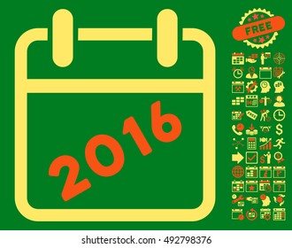 2016 Calendar icon with bonus calendar and time management images. Vector illustration style is flat iconic bicolor symbols, orange and yellow colors, green background.