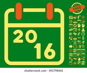 2016 Calendar icon with bonus calendar and time management graphic icons. Vector illustration style is flat iconic bicolor symbols, orange and yellow colors, green background.