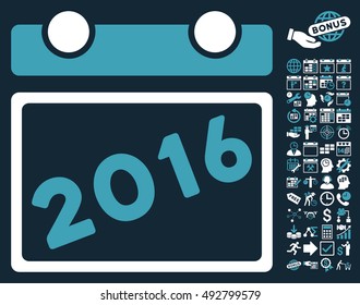 2016 Calendar icon with bonus calendar and time management clip art. Vector illustration style is flat iconic bicolor symbols, blue and white colors, dark blue background.