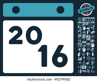 2016 Calendar icon with bonus calendar and time management pictograph collection. Vector illustration style is flat iconic bicolor symbols, blue and white colors, dark blue background.