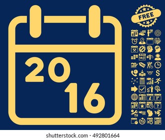 2016 Calendar icon with bonus calendar and time management pictogram. Vector illustration style is flat iconic symbols, yellow color, blue background.