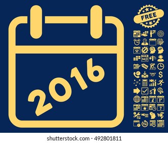 2016 Calendar icon with bonus calendar and time management design elements. Vector illustration style is flat iconic symbols, yellow color, blue background.