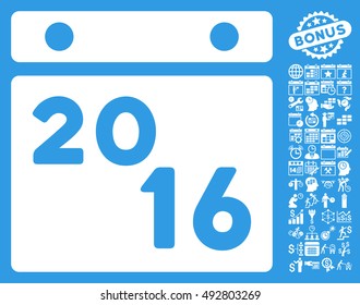2016 Calendar icon with bonus calendar and time management graphic icons. Vector illustration style is flat iconic symbols, white color, blue background.