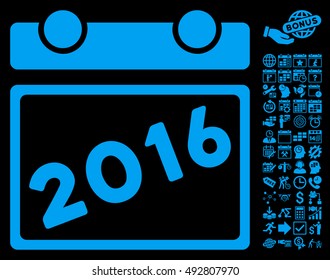2016 Calendar icon with bonus calendar and time management pictogram. Vector illustration style is flat iconic symbols, blue color, black background.