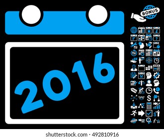 2016 Calendar icon with bonus calendar and time management pictograph collection. Vector illustration style is flat iconic bicolor symbols, blue and white colors, black background.