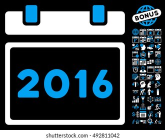 2016 Calendar icon with bonus calendar and time management pictograph collection. Vector illustration style is flat iconic bicolor symbols, blue and white colors, black background.