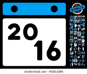 2016 Calendar icon with bonus calendar and time management symbols. Vector illustration style is flat iconic bicolor symbols, blue and white colors, black background.