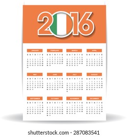 2016 Calendar - Ireland Country Flag Banner - Happy new Year calendar template - Week starts with Sunday - Vector illustration