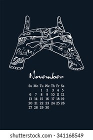 2016 Calendar item with yoga mudra hands and hand drawn mehendi. Vector illustration for a yoga studio, tattoos, spa, postcards, souvenirs. Indian traditional way of life.