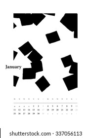 2016 Calendar January. Ready to print A3 format. The sounds of the year. Hand drawn grayscale spot illustrations. Full vector EPS 10.