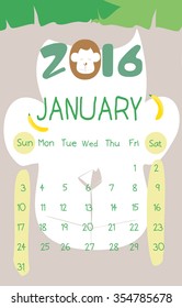 2016 Calendar  January,Year of monkey Design.Vector illustrator 